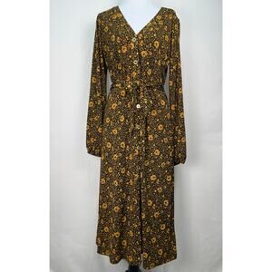 Michael Michael Kors Black & Orange Floral Long Sleeve Button Front Midi Dress M